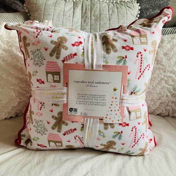 NEW Christmas Cupcakes & Cashmere Two Pink & Red Gingerbread Candy Cane Pillows - Picture 1 of 4